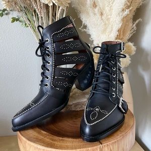 Coach Black Leather Studded Paisley Boots Booties